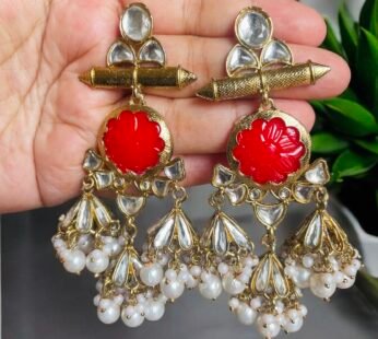 Swaara Red Carved Stone Kundan Dangler Earrings