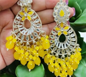 Yellow Color Beads with Pearl Kundan Drop Earring