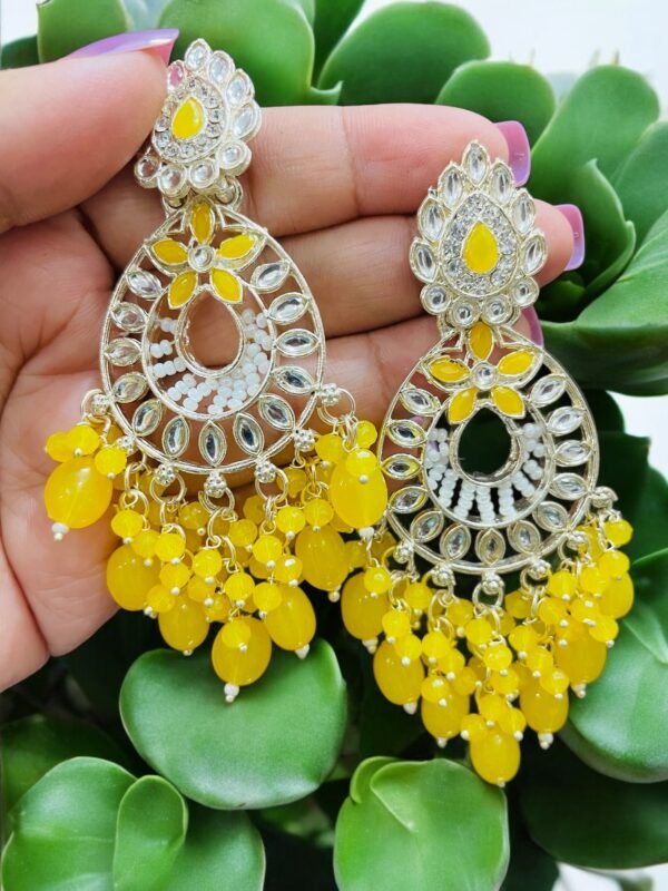 Yellow Color Beads with Pearl Kundan Drop Earring