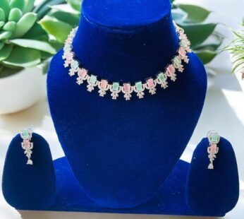 Peach Pista Green  American Diamond Necklace Set