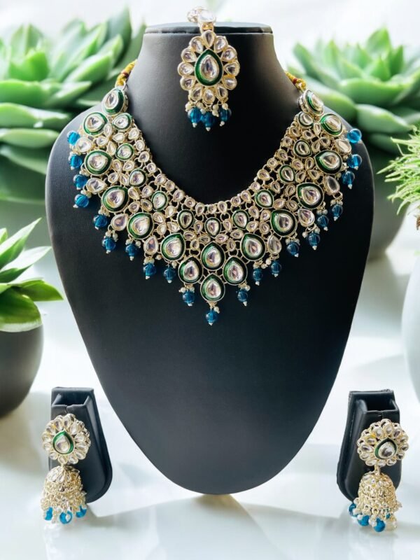 Shivi Kundan With Minakari green Beads Necklace set