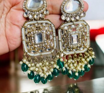 Samriddhi Kundan & Pearl-Studded Drop Green Earrings